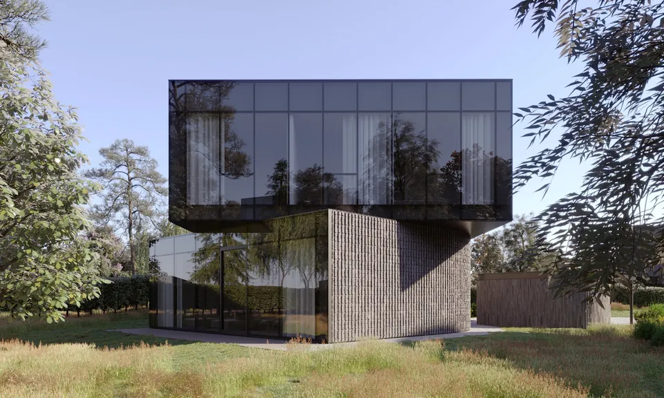 DUONOS KALNAS išraiškingos dviejų aukštų architektūros namo eksterjero vizualizacija.