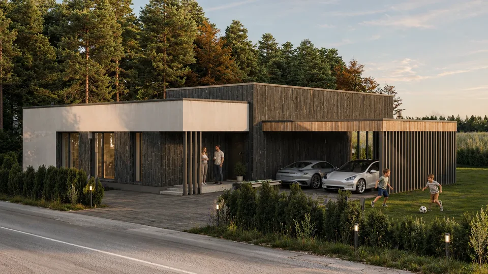 ŠILO namų projekto vizualizacija: vieno aukšto namas pušyno apsuptyje.
